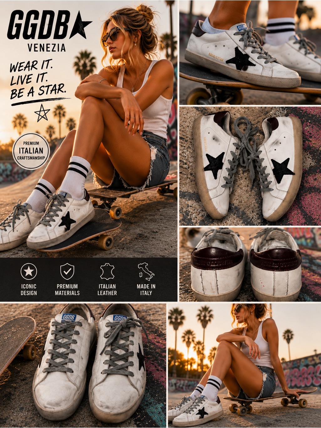 Golden Goose Superstar Sneakers Women’s 8 White Leather Black Glitter Star Ggdb